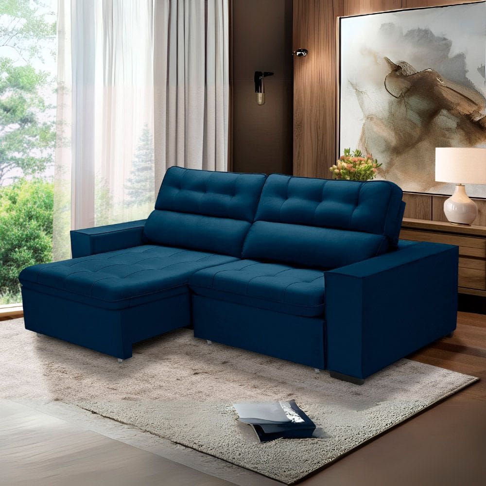Sofa Retratil Reclinavel 2 Lugares 2,40 Vitória Veludo Azul Marinho LansofBr