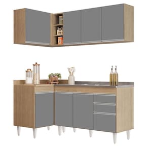 Armário De Cozinha Modulado De Canto Direito 4 Peças Cp39 Com Pia Inox Castanho-cinza