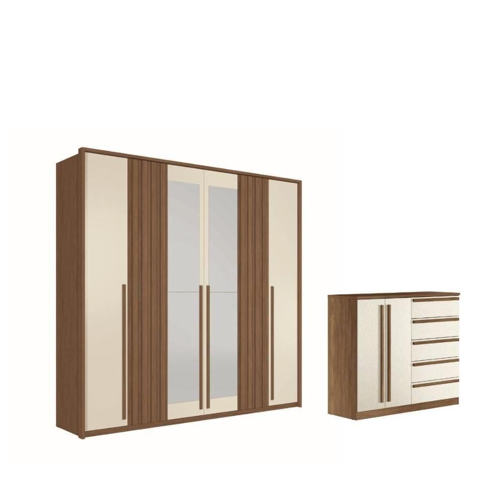 Kit Roupeiro 6 Portas Espelho E Cômoda Sumaré Jatoba Areia