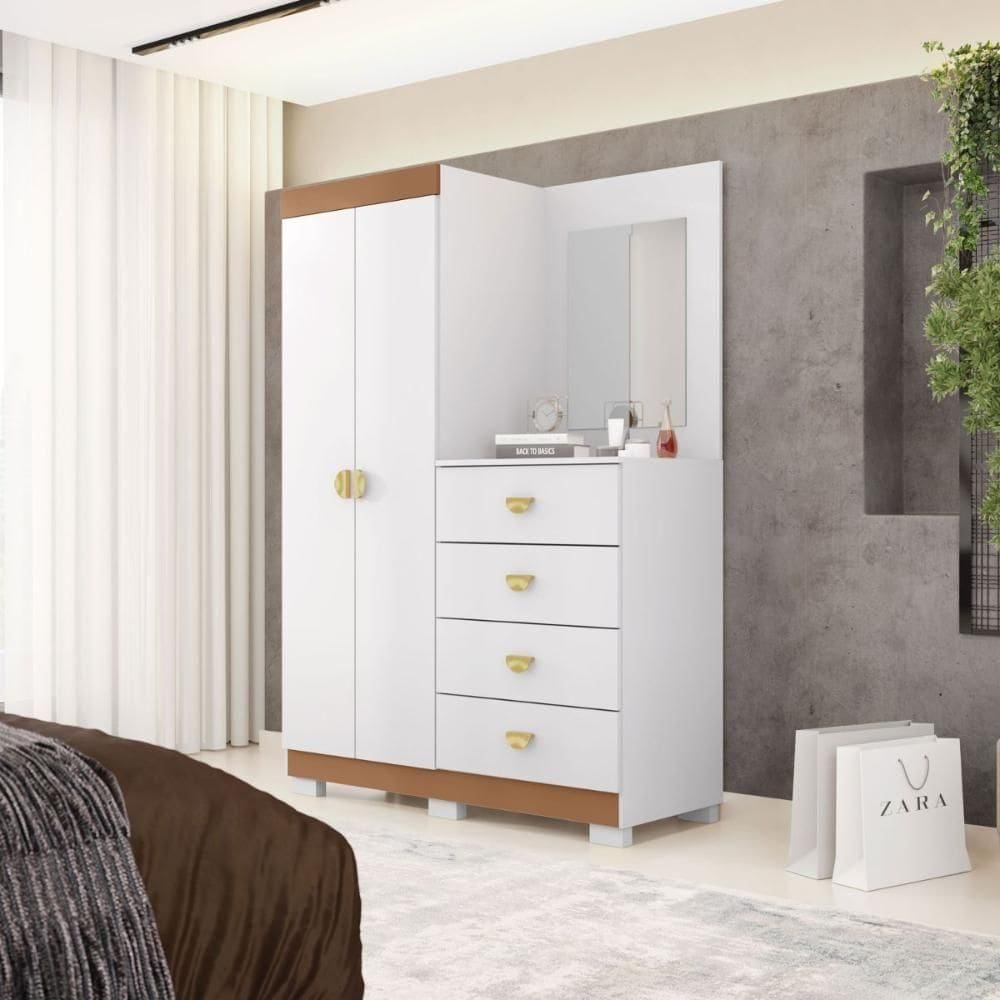 Roupeiro Cômoda 2 Portas Espelho Equador Branco Camarim