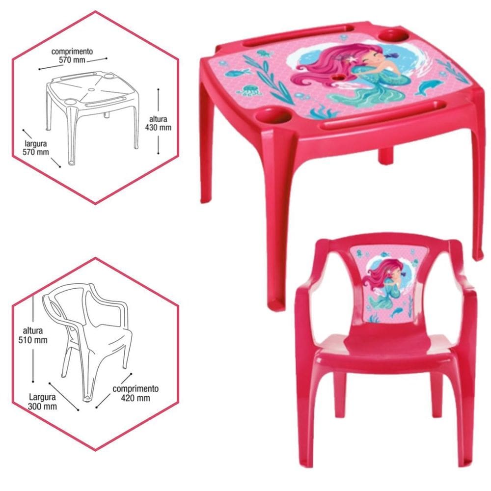 Kit Mesa E Cadeira Infantil Atividades Educativa Rosa Sereia