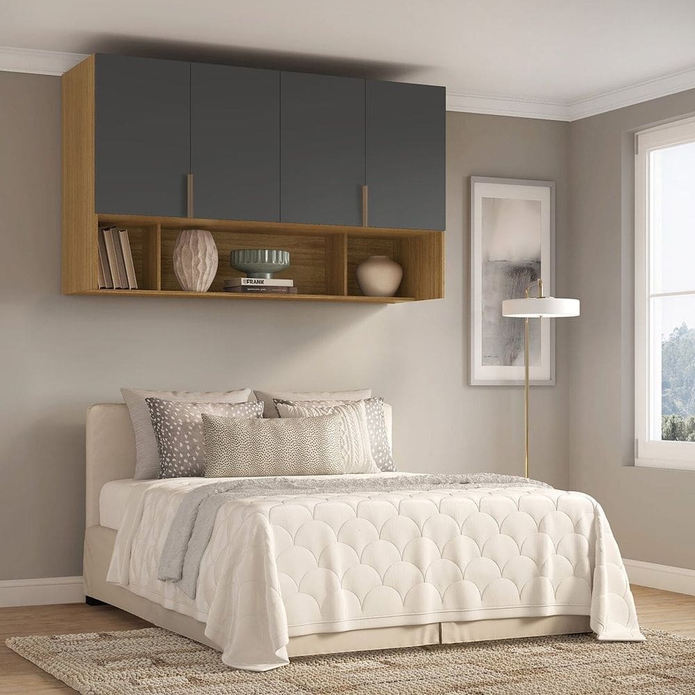Módulo Aéreo para Cama de Casal Mdf Clean Altezza Freijó/Titânio