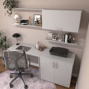 Escrivaninha com Armário Baixo e Aéreo com Chave 200cm Modular Kitcubos Cinza