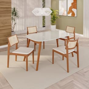 Sala de Jantar Mesa 135x76cm Tampo em Mdf com Vidro 4 Cadeiras em Linho Ceci Yescasa Naturalissimo / Laca / Off White