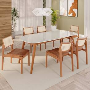 Sala de Jantar Mesa 180x76cm Tampo em Mdf com Vidro 6 Cadeiras em Linho Ceci Yescasa Naturalissimo / Laca / Off White