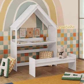 Escrivaninha Infantil Montessoriana Casinha 100% Mdf com Banco Petra Espresso Móveis Branco Brilho