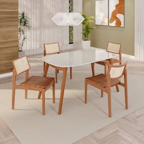 Sala de Jantar Mesa 135x76cm Tampo em Mdf com Vidro 4 Cadeiras em Couríssimo Ceci Yescasa Naturalissimo / Laca / Off White
