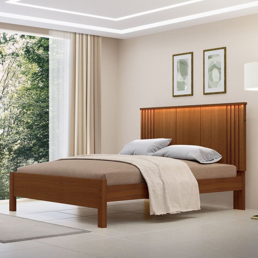 Cama de Casal 100% Mdf com Led 123cm X 175cm Duo Nogueira