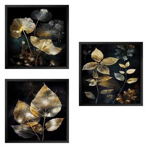 Kit 3 Quadros 50cm X 50cm Folhas Douradas Tropical Artes Preto