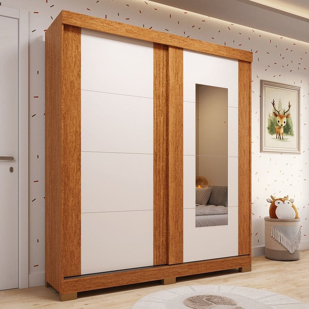 Guarda-roupa Infantil 2 Portas de Correr Espelho 160cm X 200cm 100% Mdf Fantelli Espresso Móveis Cinamomo/Off White