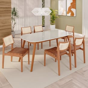 Sala de Jantar Mesa 160x76cm Tampo em Mdf com Vidro 6 Cadeiras em Couríssimo Ceci Yescasa Naturalissimo / Laca / Off White