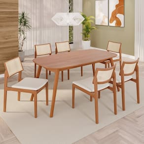 Sala de Jantar Mesa 160x76cm Tampo Laminado com 6 Cadeiras em Linho Ceci Yescasa Naturalíssimo