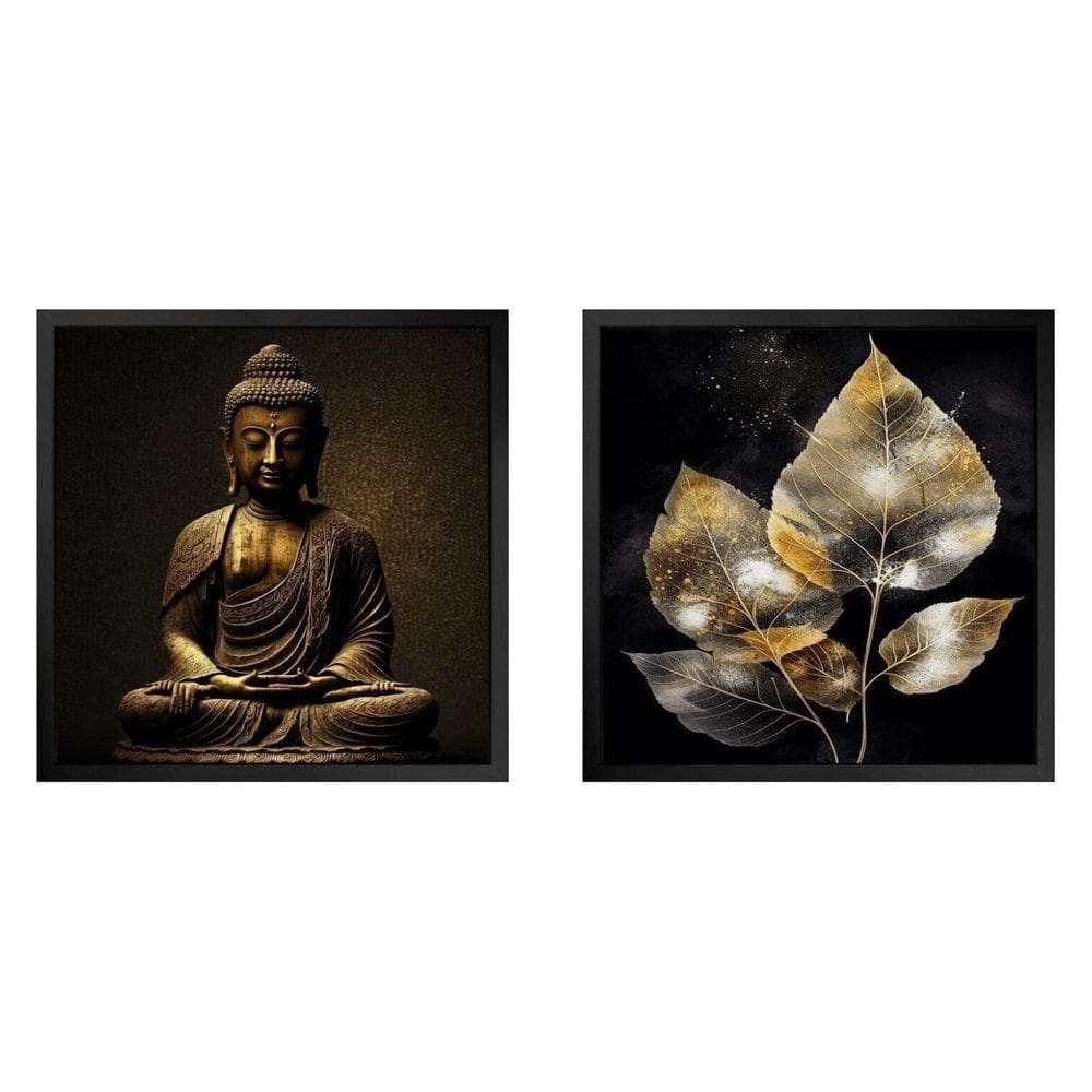 Kit 2 Quadros 50cm X 50cm Folhas e Buda Dourado Tropical Artes Preto