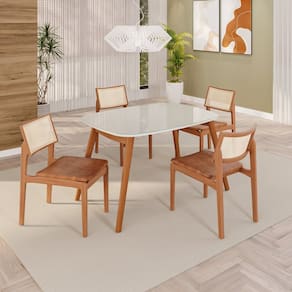 Sala de Jantar Mesa 110x76cm Tampo em Mdf com Vidro 4 Cadeiras em Couríssimo Ceci Yescasa Naturalissimo / Laca / Off White