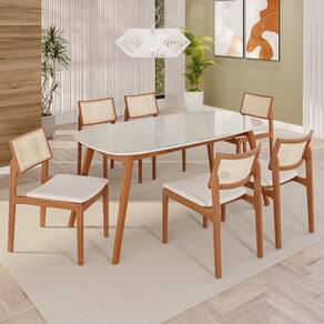 Sala de Jantar Mesa 160x76cm Tampo em Mdf com Vidro 6 Cadeiras em Linho Ceci Yescasa Naturalissimo / Laca / Off White
