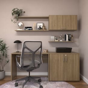 Escrivaninha com Armário Baixo e Aéreo com Chave 200cm Modular Kitcubos Carvalho Mel