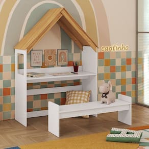 Escrivaninha Infantil Montessoriana Casinha 100% Mdf Petra Espresso Móveis Branco Brilho/Amêndoa