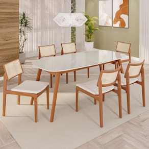 Sala de Jantar Mesa 180x80cm Tampo em Mdf com Vidro 6 Cadeiras em Linho Ceci Yescasa Naturalissimo / Laca / Off White