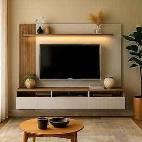 Painel para Tv 75 Polegadas com Led Ripado 3 Gavetas e Nichos Solanum/Branco
