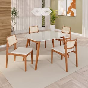 Sala de Jantar Mesa Tampo em Mdf com Vidro 4 Cadeiras em Linho 110x76cm Ceci Yescasa Naturalissimo / Laca / Off White