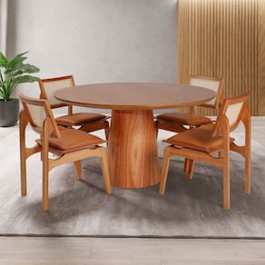 Conjunto Mesa com 4 Cadeiras de Madeira Maciça Rattan Natural e Estofada Daren Espresso Móveis imbuia/Conhaque