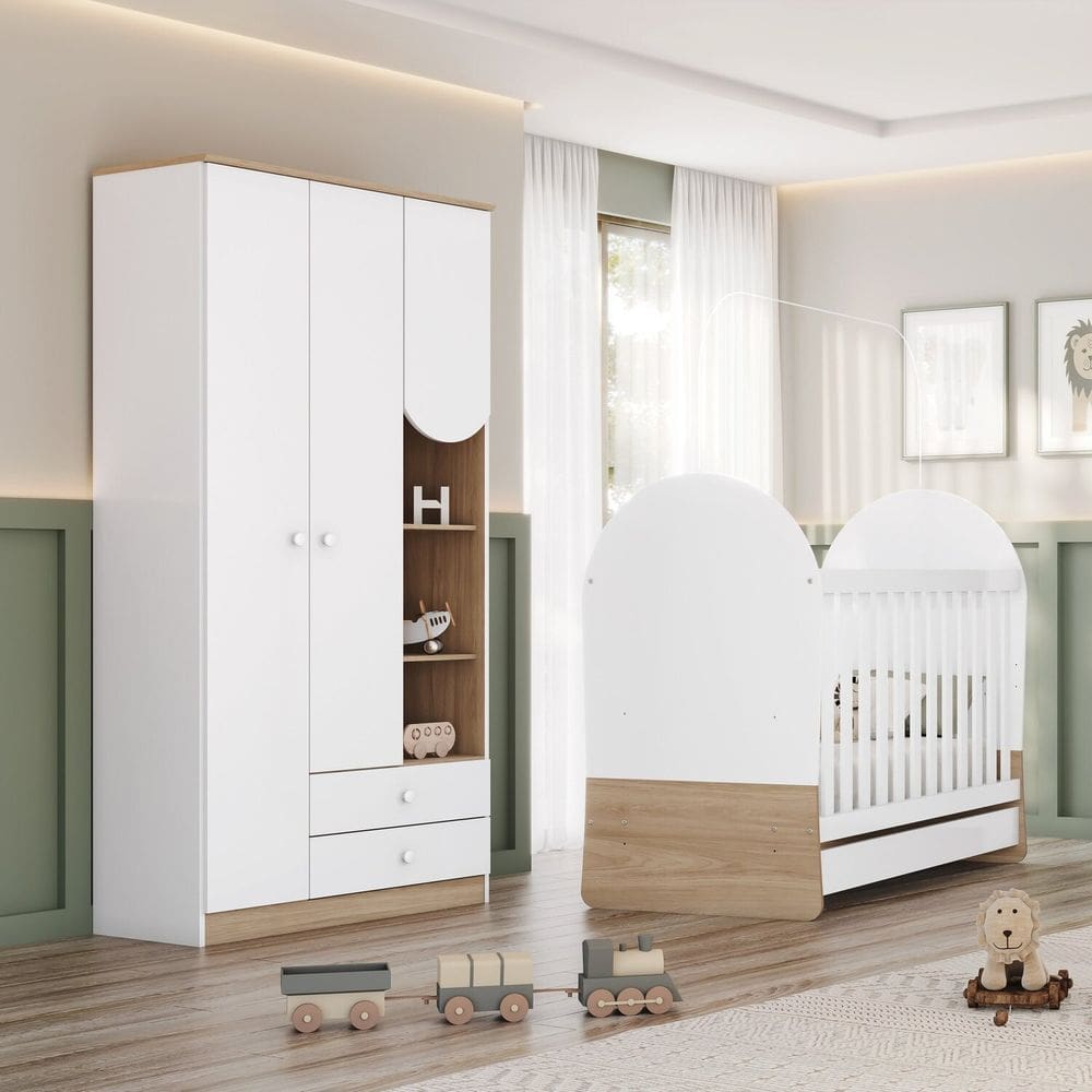 Quarto de Bebê Completo com Berço 3 em 1 e Guarda-roupa Magia Branco/Jequitibá