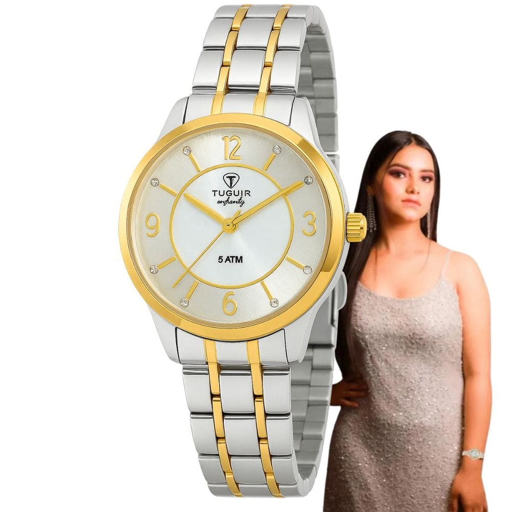 Relógio de Pulso Tuguir Feminino Infinity Analógico Aço Inóx Casual Redondo Prata e Dourado TGI37050