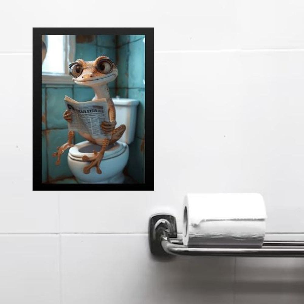 Quadro Divertido Banheiro Lagartixa Lendo Jornal 45X34Cm