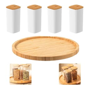 Kit Porta Temperos Giratório Bambu 4 Potes Herméticos 340Ml