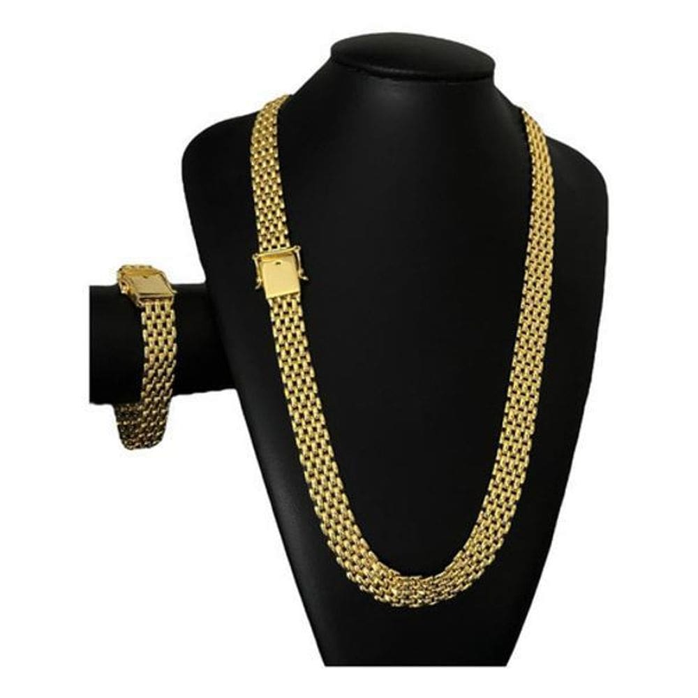 Cordão + Pulseira Elo Americano 13Mm Banhado A Ouro 18K