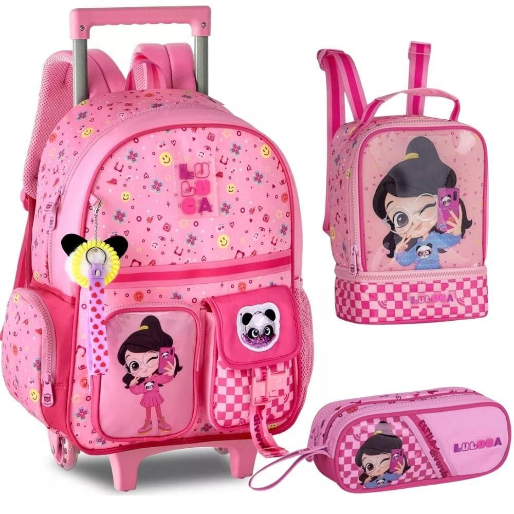 Kit Mochila De Rodinhas Lancheira Estojo Luluca Lu24614 Rosa