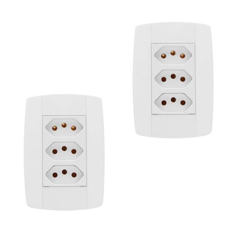 Kit 2 Conjunto 3 Tomadas Branca Monobloco 2P+T 10A 250V 4X2