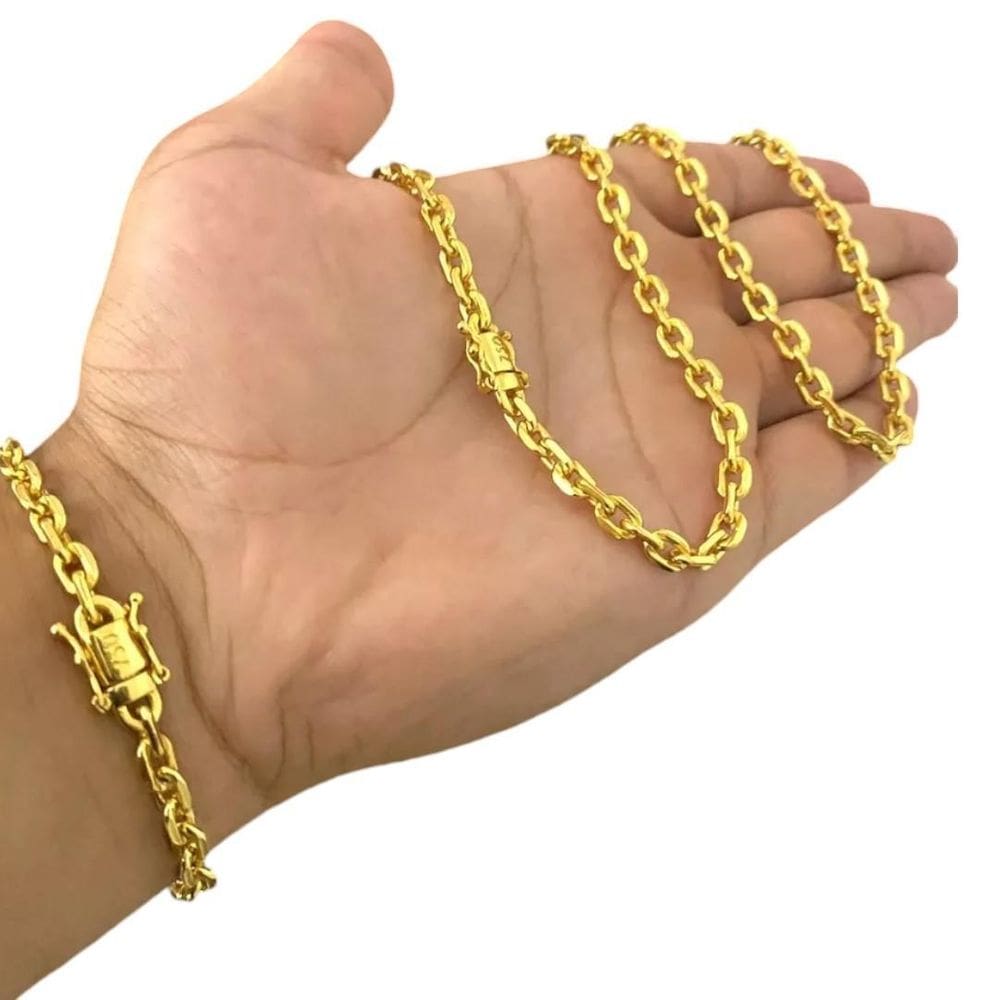 Cordão + Pulseira 5Mm Cadeado Banhado A Ouro 18K Fecho 750