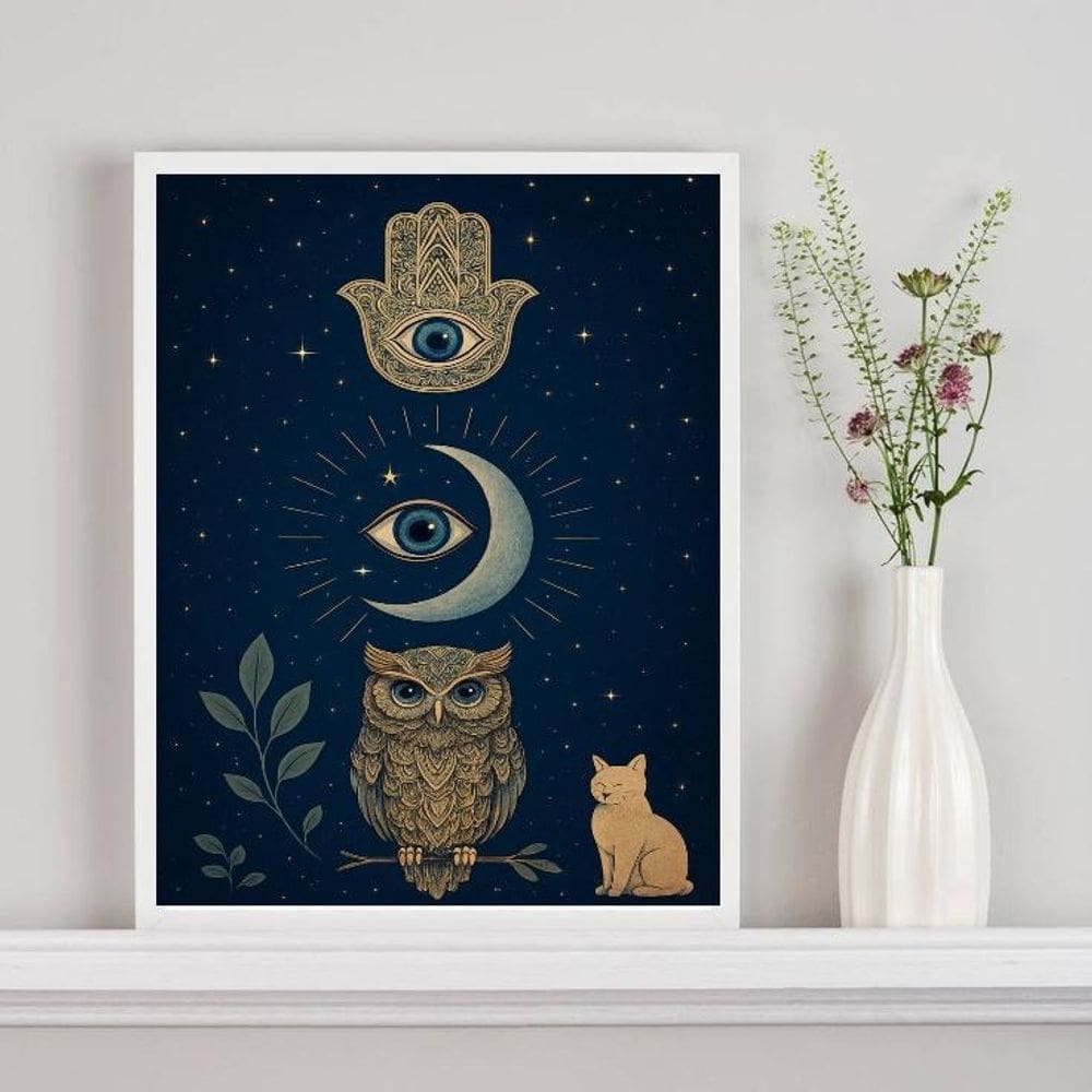 Quadro Mistico Hamsa Lua Coruja Gato 45X34Cm - Com Vidro