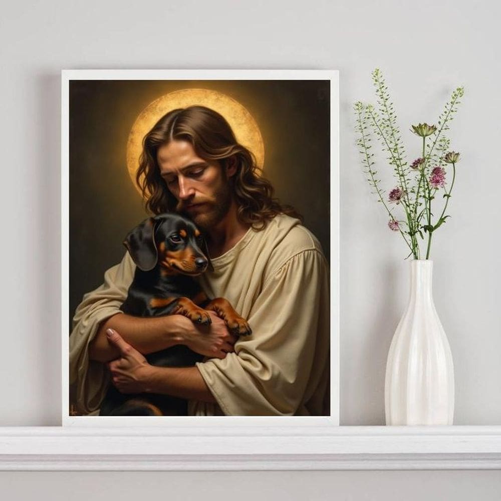 Quadro Jesus Com Cão Dachshund No Colo 45X34Cm - Com Vidro