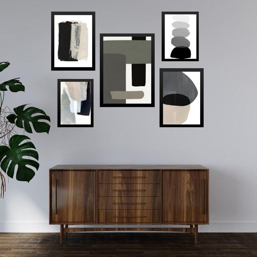 Composição 5 Quadros Decoração Industrial Preto Cinza Bege