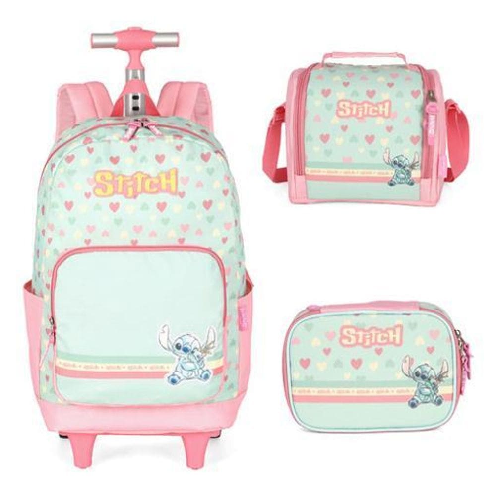 Kit Mochila Com Rodinhas Escolar Stitch E Angel
