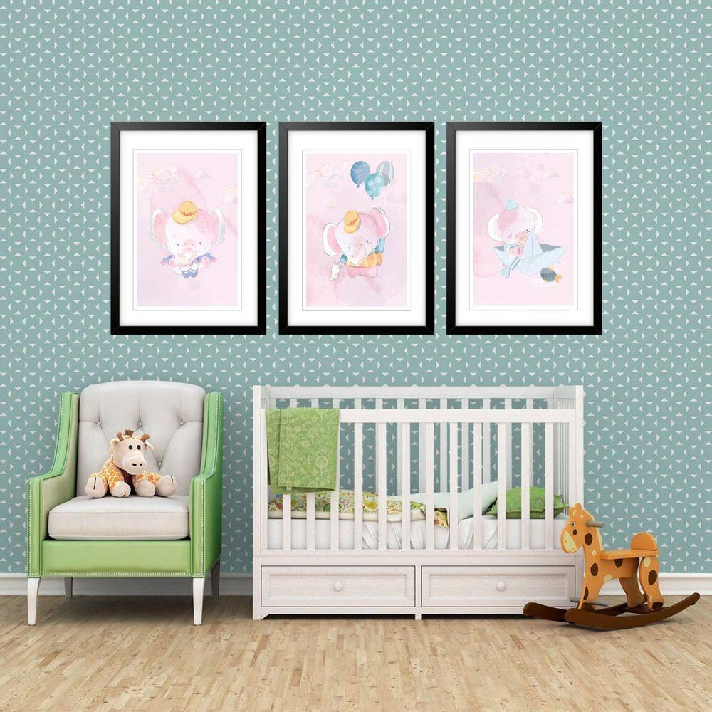 Kit 3 Quadros Grandes Quarto Infantil Baby Elefante 60X48Cm