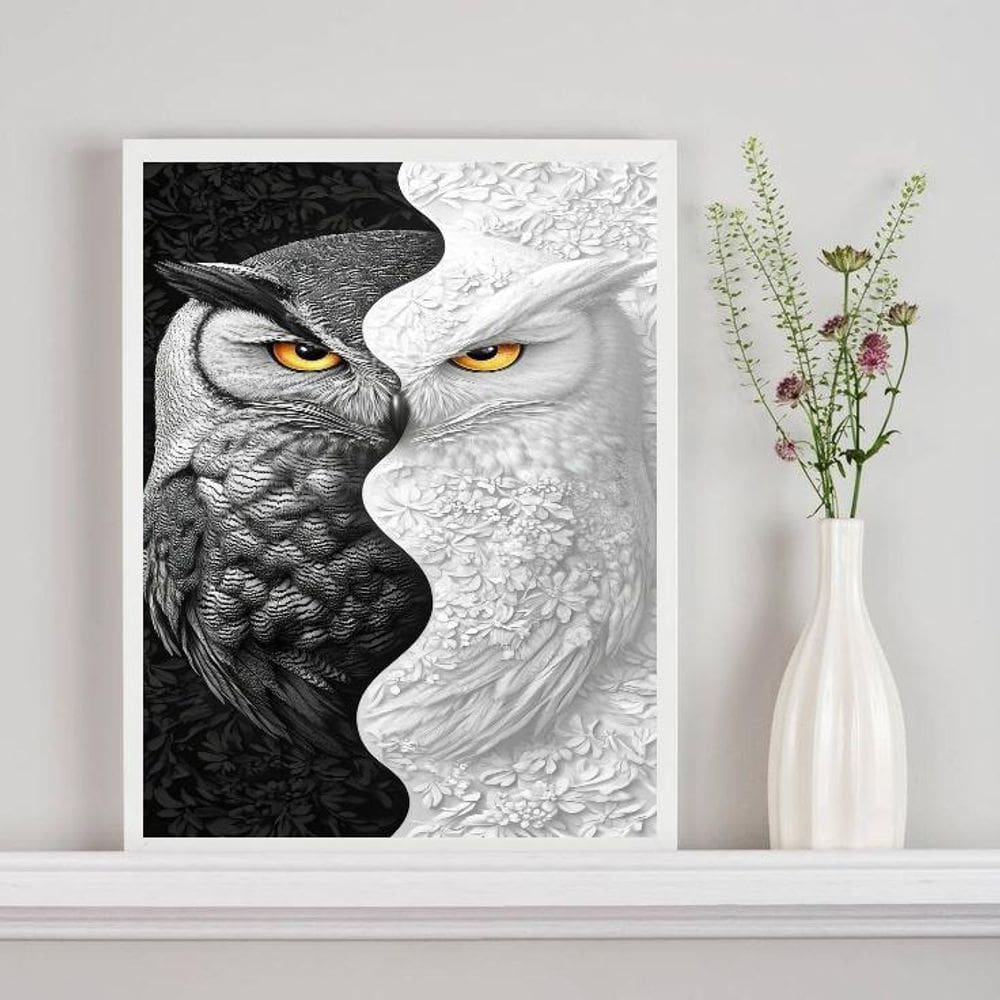 Quadro Decorativo Coruja Branco Preto Metades 33X24Cm Vidro