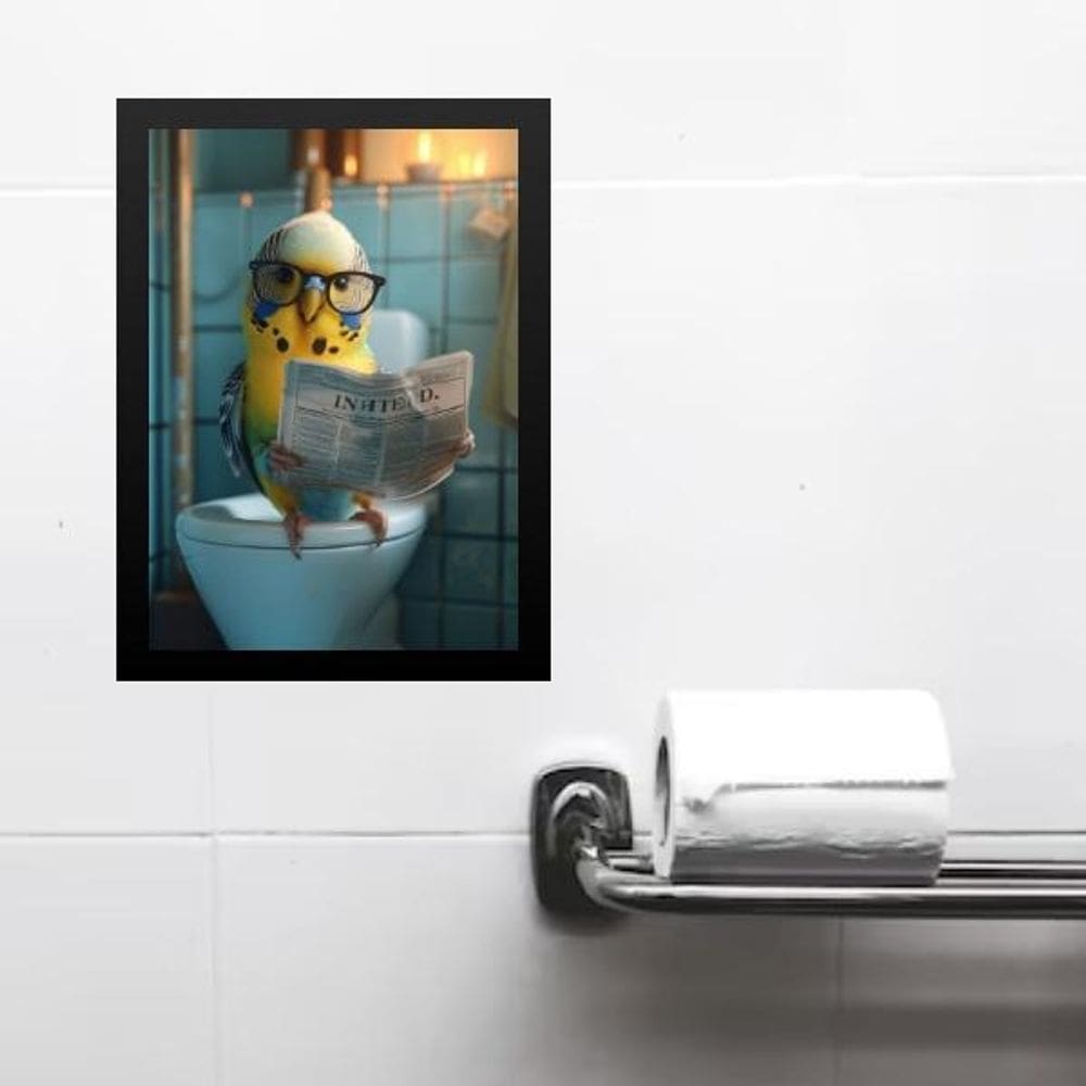 Quadro Divertido Banheiro Periquito Lendo Jornal 24X18Cm