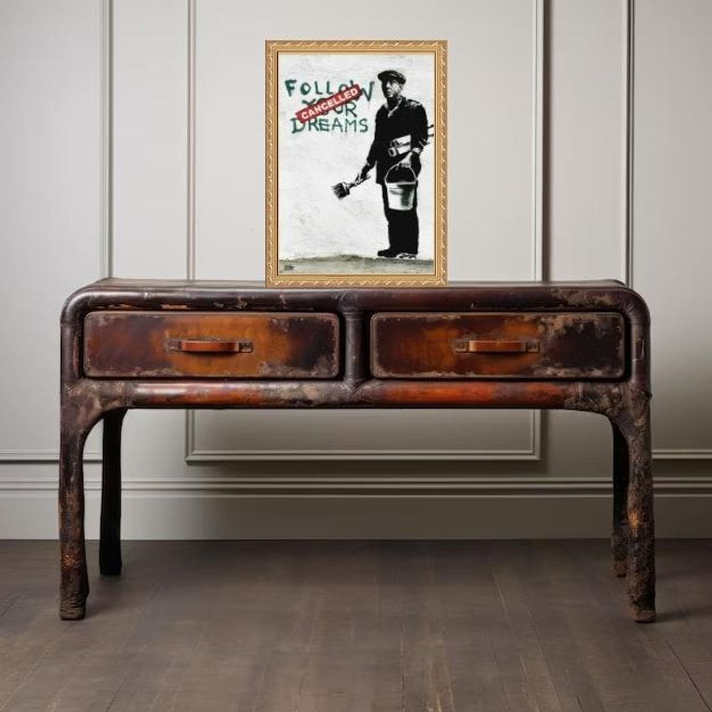 Quadro Moldura Dourada Bansky 33X24Cm