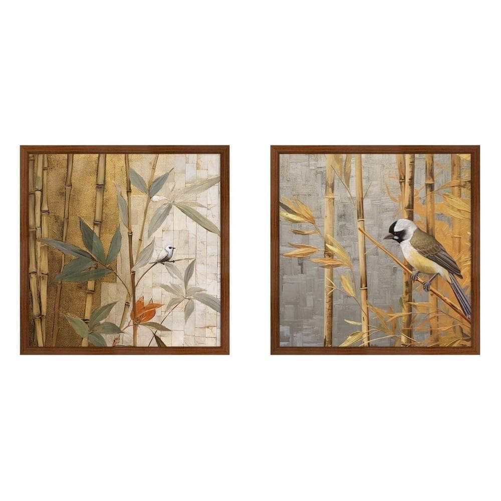 Kit 2 Quadros 50cm X 50cm Folhagem e Andorinha Aquarela Tropical Artes Marrom