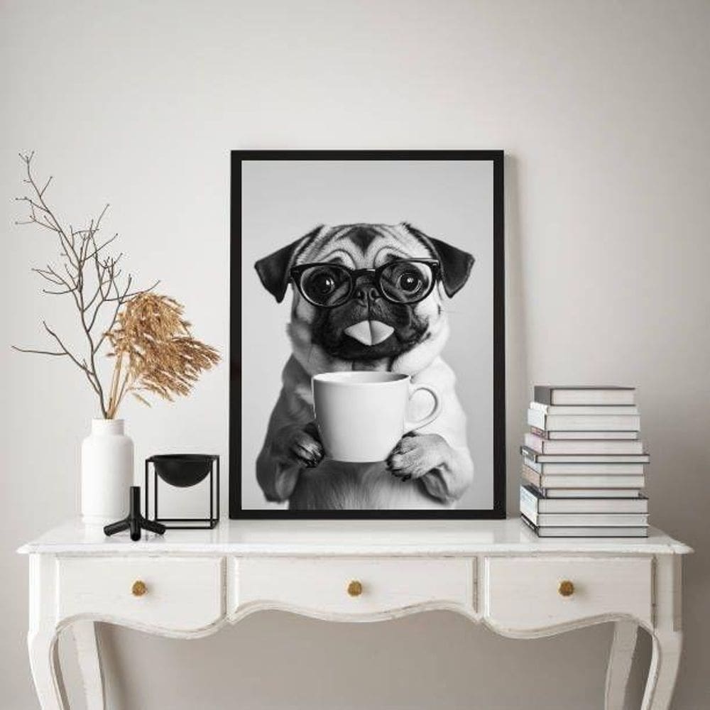 Quadro Decorativo Cachorrinho Pug Bebendo Café 33X24Cm Vidro