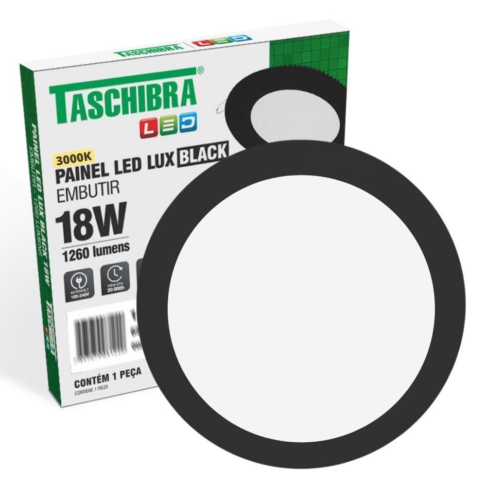 Painel Led Redondo Embutir 12W Preto Bivolt Taschibra 3000K