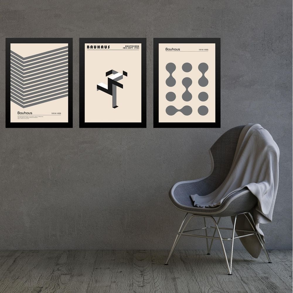 Kit 3 Quadros Artes Bauhaus Cinza E Bege Minimalistas