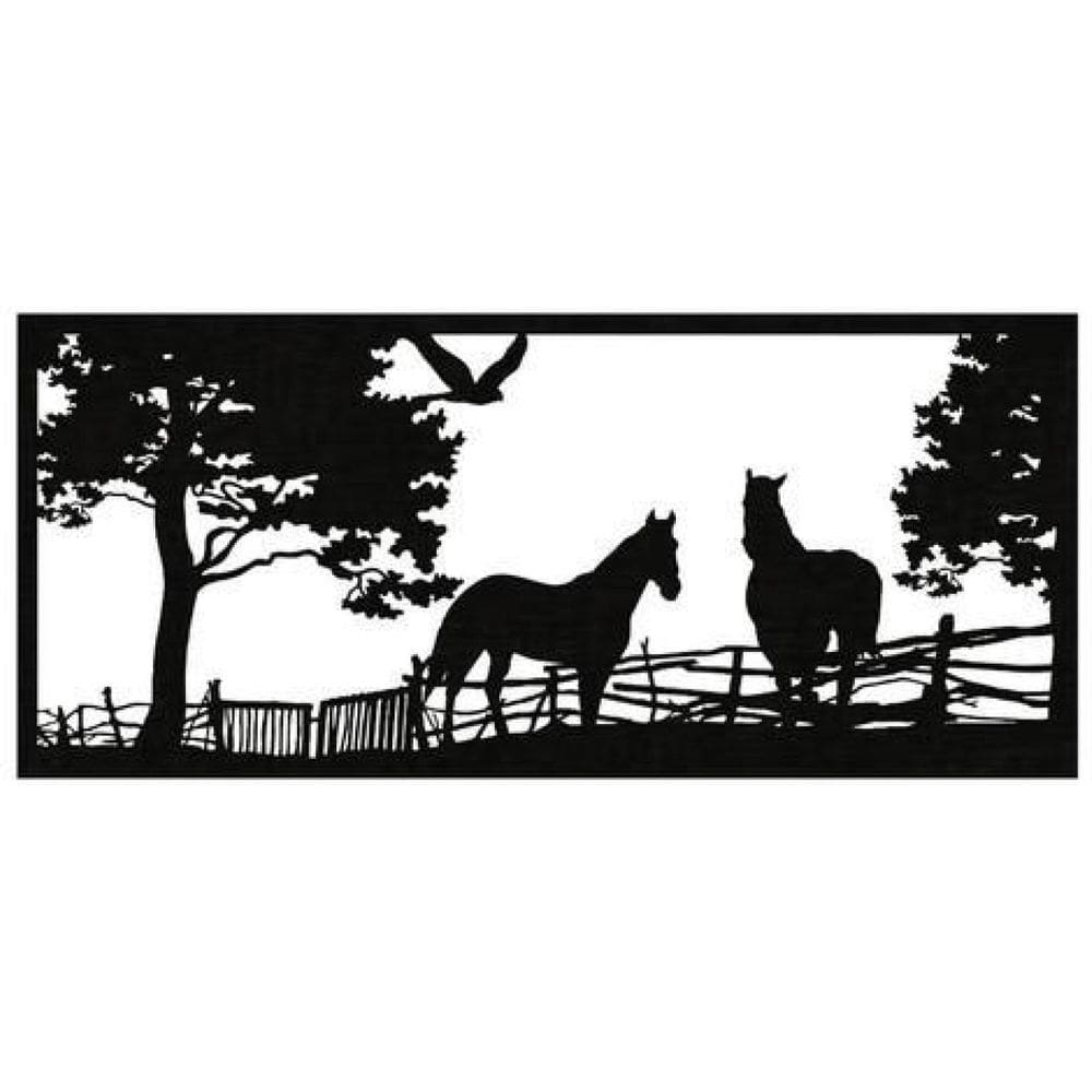 Quadro Decorativo Preto Mdf Cavalos No Campo 40X20Cm