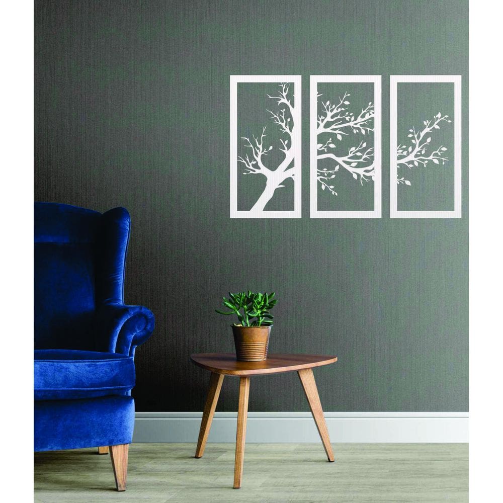 Quadro Decorativo Branco Mdf Trio Arvores Outono 40X20Cm