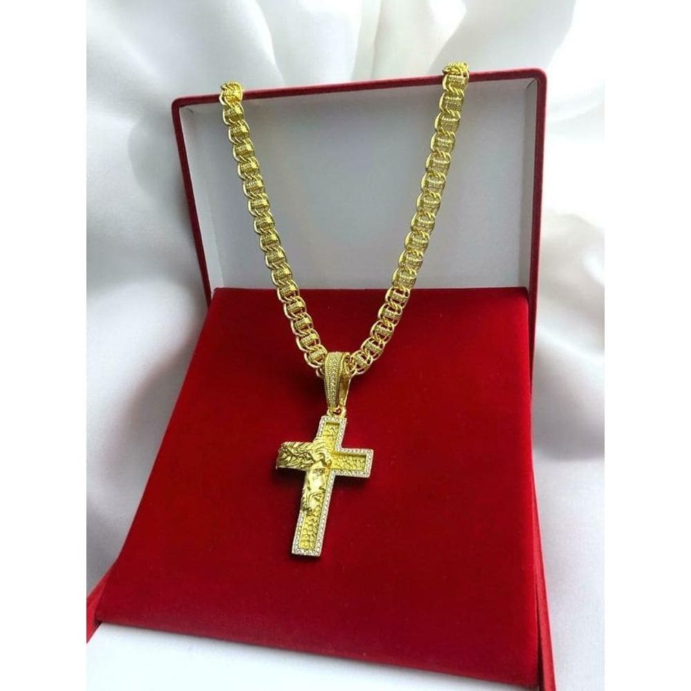 Cordão Dubai 8Mm + Pingente Cruz Jesus Cravejado Banhado