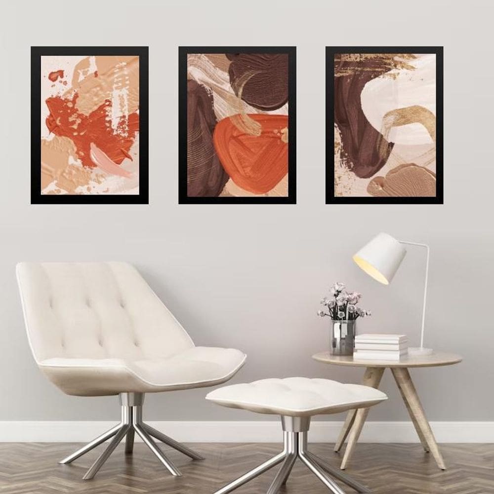 Kit 3 Quadros Abstratos Marrom Terracota 45X34Cm