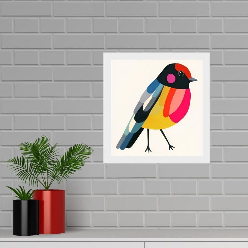 Quadro Quadrado Passarinho Colorido- 33X33Cm - Com Vidro